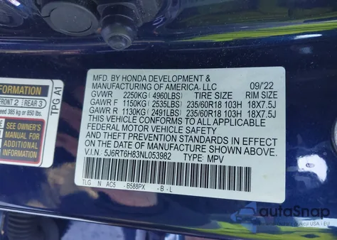 2022 Honda Cr-V Hybrid Ex-L from USA, damaged, VIN 5J6RT6H83NL053982